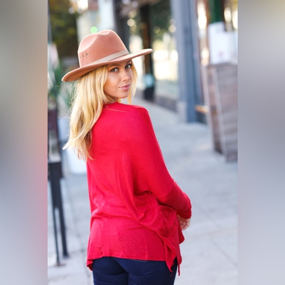 Going My Way Red Hacci Dolman Pocketed Sweater Top - Picture 4 of 6